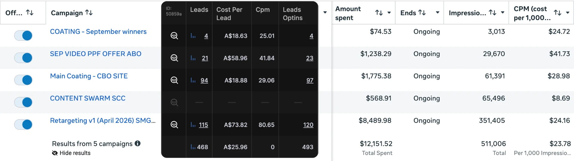 Campaign dashboard showing leads and spend